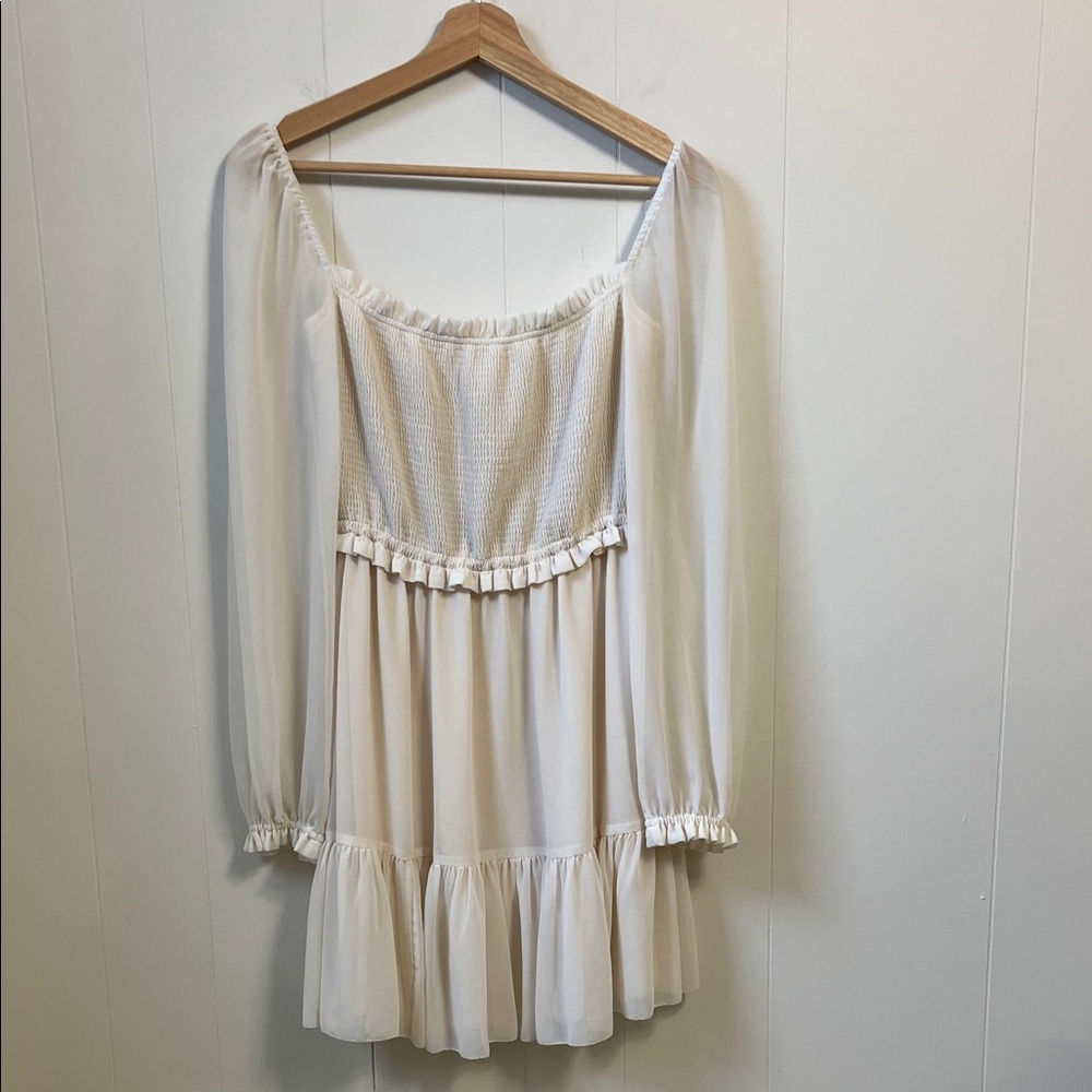 Aritzia Wilfred Tempest Smocked Chiffon Long Sleeve Mini Dress Light Birch SMALL